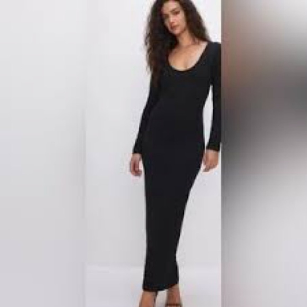 Good American Black Long Sleeve Scoop Neck Maxi Dress